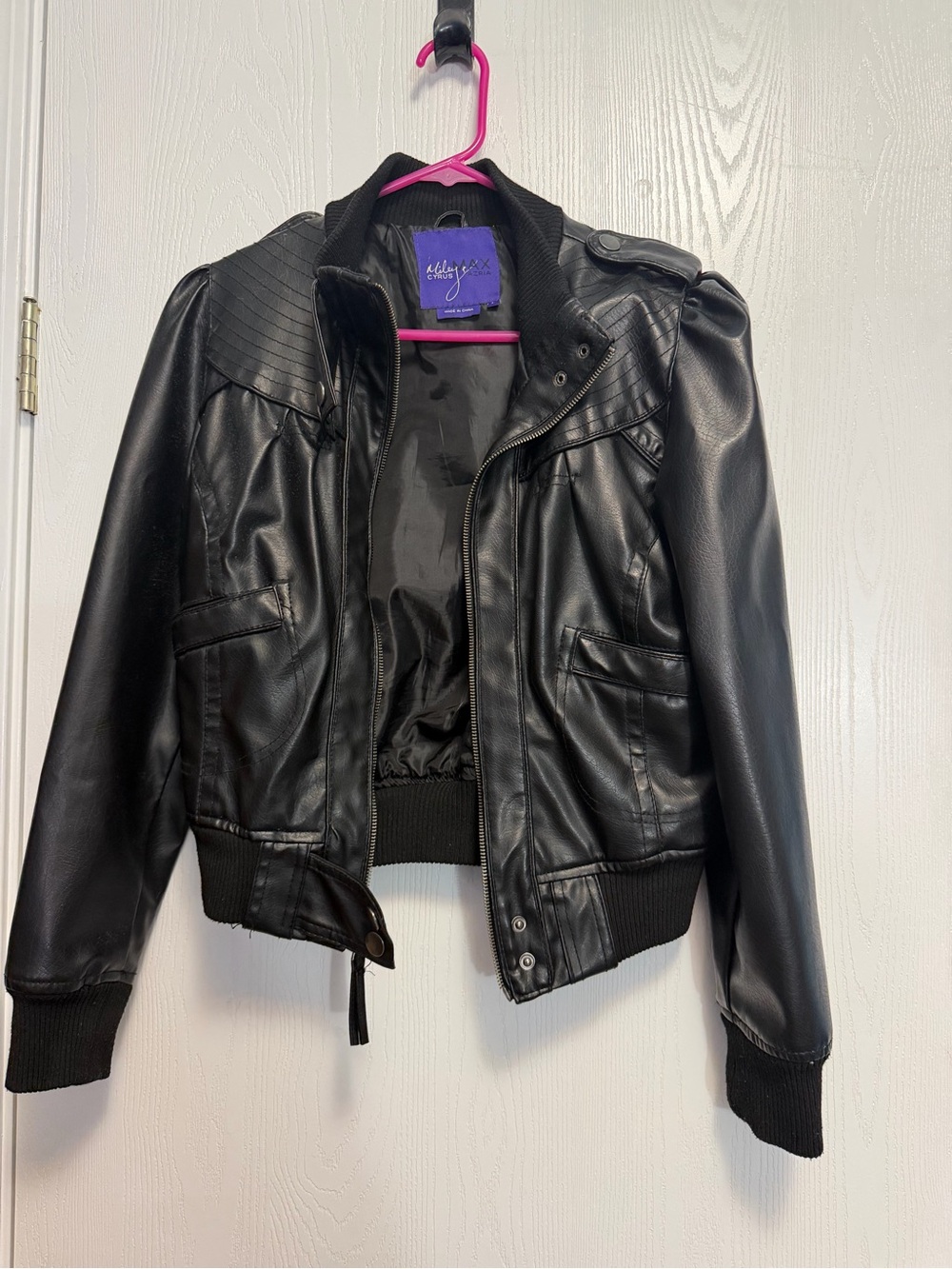 Vegan Leather Bomber with Ribbed Trim
